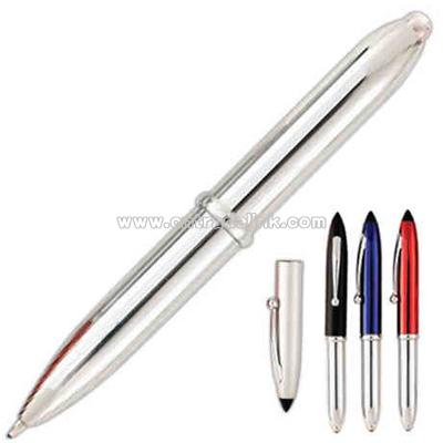 Compact ballpoint pen with light and stylus tip