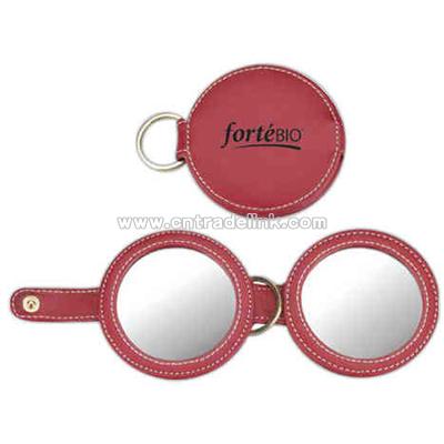 Cowhide leather compact with dual mirrors and key ring