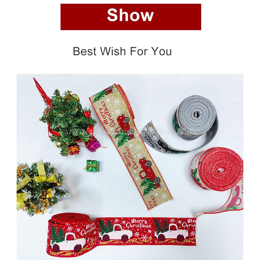 Custom Printed Christmas Wired Ribbon 63mm Burlap Christmas Tree Linen Wired Edge Ribbons For Holiday Decoration