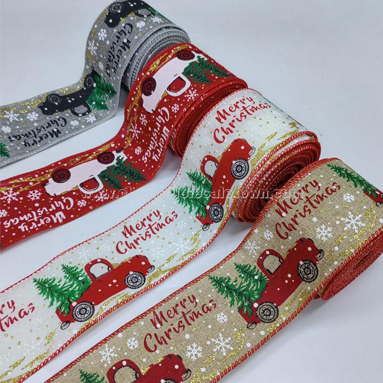 Custom Printed Christmas Wired Ribbon 63mm Burlap Christmas Tree Linen Wired Edge Ribbons For Holiday Decoration