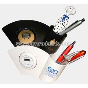 Desk pen holder with digital clock