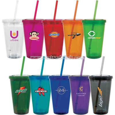 Double wall construction travel mug with threaded lid and straw