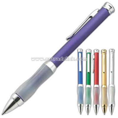 Electroplated or lacquered coated twisted action ballpoint pen with rubberized grip