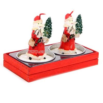 Father Christmas with Tree T-lite, Set of 2 in Wood Tray