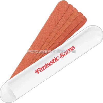 Five emery boards in a white vinyl case