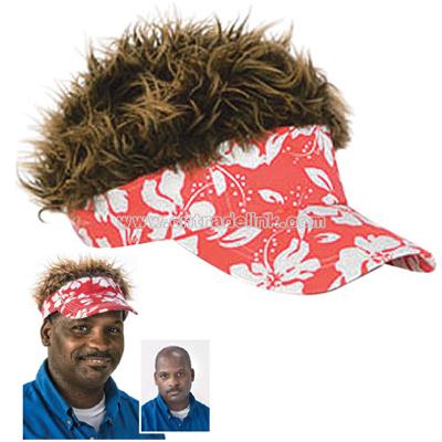 Flair Hair with Brown Hair and Red Hawaiian Floral Visor