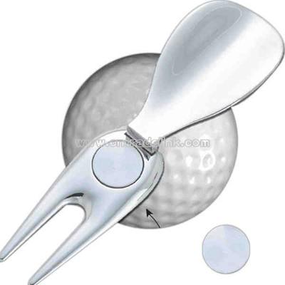 Folding shoe horn with magnetic golf ball marker and divot repair tool