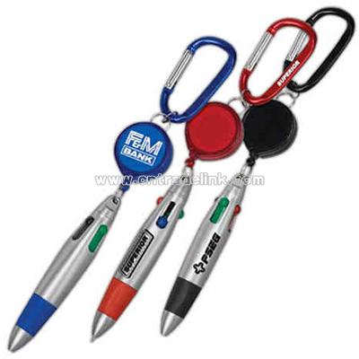 Four-color plastic pen with retractor and carabiner