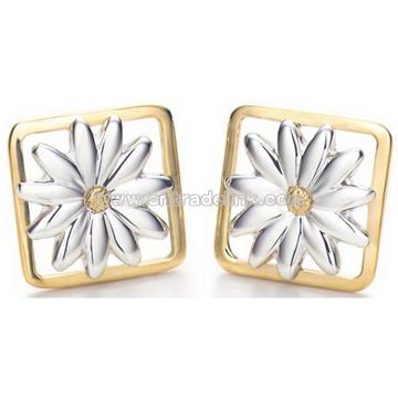 Foursquare Silver Earring Gold Sunflower Design