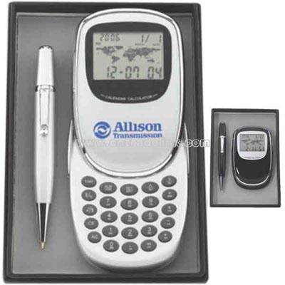 Gift set with metal ballpoint pen and world time calculator