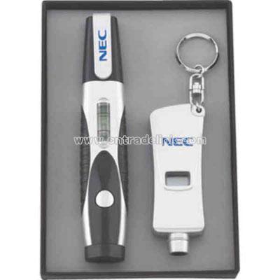 Gift set with screwdriver flashlight and tire gauge keychain