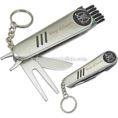 Golf tool with knife and key ring