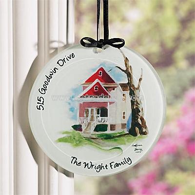 Hand Painted House Glass Ornament - Black Ribbon