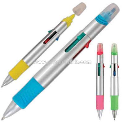 Highlighter and 4 color ink combo plastic ball pen