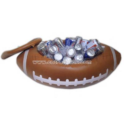 Inflatable 24 can football shaped cooler with white markings and lid