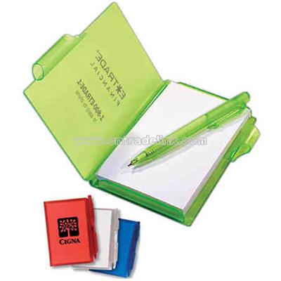 Jotter pad with sturdy plastic case and matching retractable pen