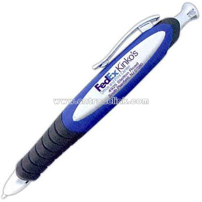 Jumbo plastic ballpoint pen with black rubber grip and oval copy area