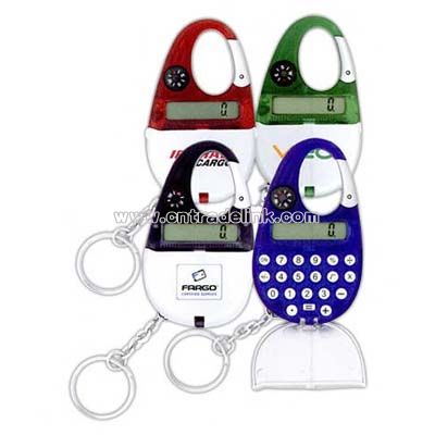 Key chain with flip cover lid calculator and carabiner clip compass