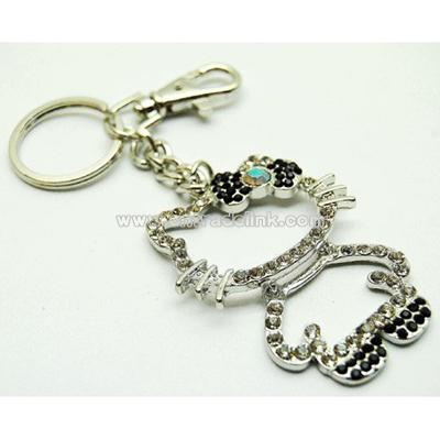 Kitty Outline Crystal Key Chain Purse Charm with Black Bow