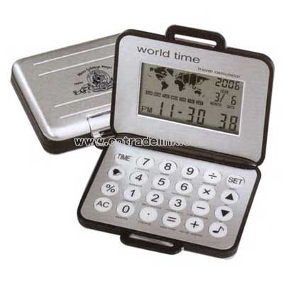 LCD calculator with 16 city world time alarm clock and calendar