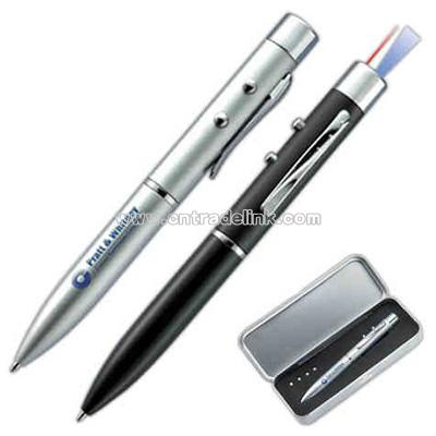 Laser pointer and flash light twist action ball point pen