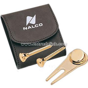 Leather pouch with golf accessories