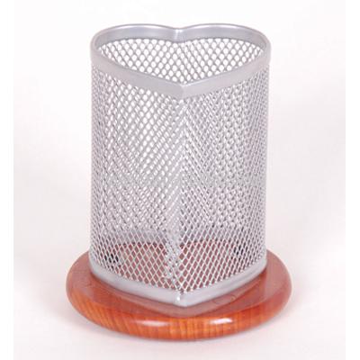 Mesh pen holder with wooden bottom