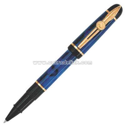 Mineral Blue -Worldly roller ball pen with 23.3-karat gold plated clip