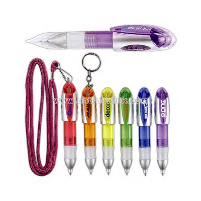 Mini plastic pen with a soft rubber grip.