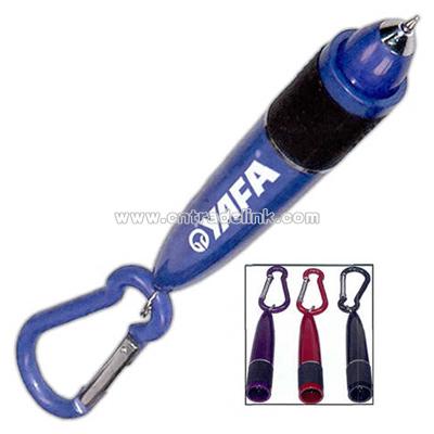 Miniature twist action ballpoint pen with carabiner