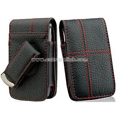 Motorola Rival A455 Black Leather Case Pouch With Red Cross Stitches