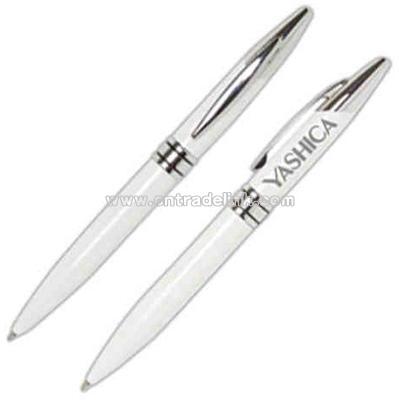 Overseas white twist action laser ballpoint pen with silver trim