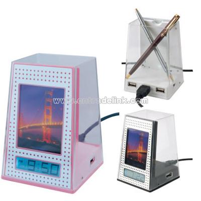 Pen Holder Clock with USB Hub and Back Light