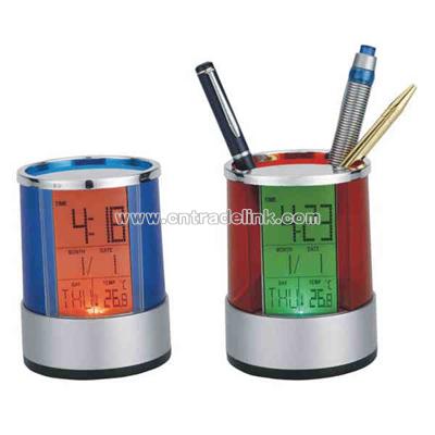 Pen holder with alarm clock timer thermometer and changing color lights