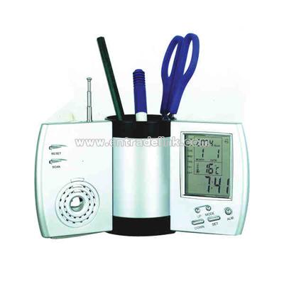 Pen holder with rotary calendar and FM auto scan radio and more