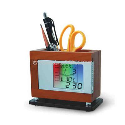 Pen holder with wooden base features digital clock and more