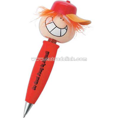 Pen with funny face head on top with removable cap on head