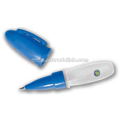 Pen with hard blue cap and liquid filled soft barrel