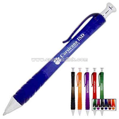 Pen with translucent barreland matching clip and ridged grip