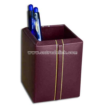 Pencil cup with top grain burgundy leather with gold foil stripping