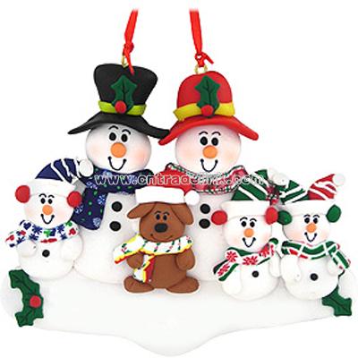 Personalized Snowman Family Of 5 With Dog Ornament