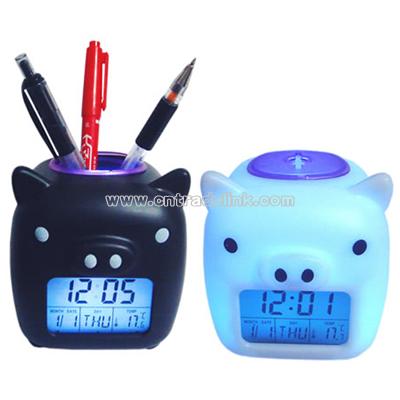 Piggy Glowing LED Digital Mood Clock with Penholder