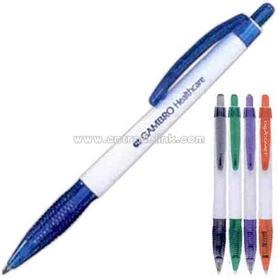Plastic click pen with arched clip and ribbed grip