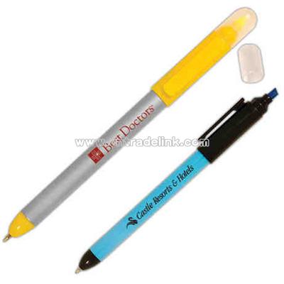 Plastic combination twist-action pen and highlighter