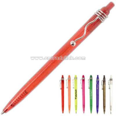 Plunger action pen with curvy clip.