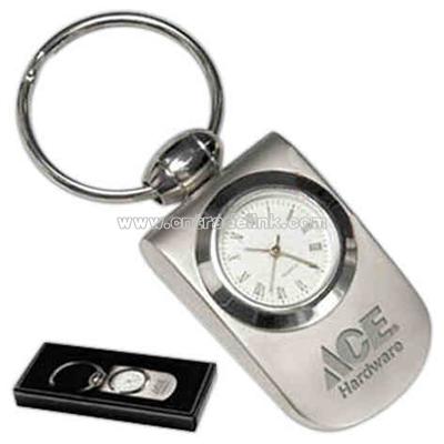 Polished bezel analog clock keychain in matte silver finish