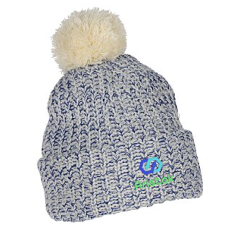 Pom Pom Beanie with Cuff - Embroidered