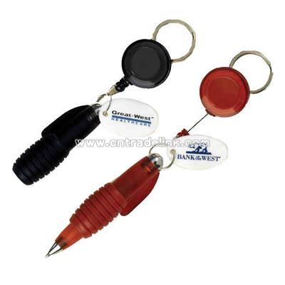 Ribbed Retractable Pen Keychain With A White Oval Disc Tag