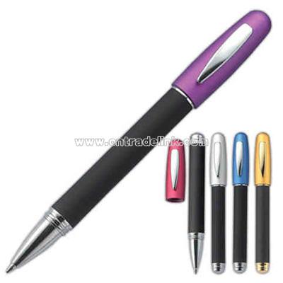 Satin coated screw cap ballpoint pen with rubberized barrel