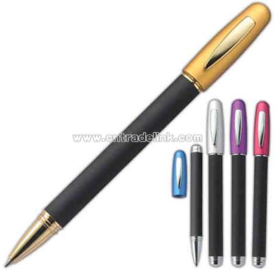 Satin coated screw cap rollerball pen with rubberized barrel